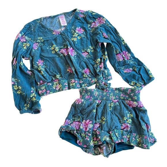 Justice Girls XS 2-Piece Teal Surplice Smocked Top & Shorts Set - Picture 1 of 4